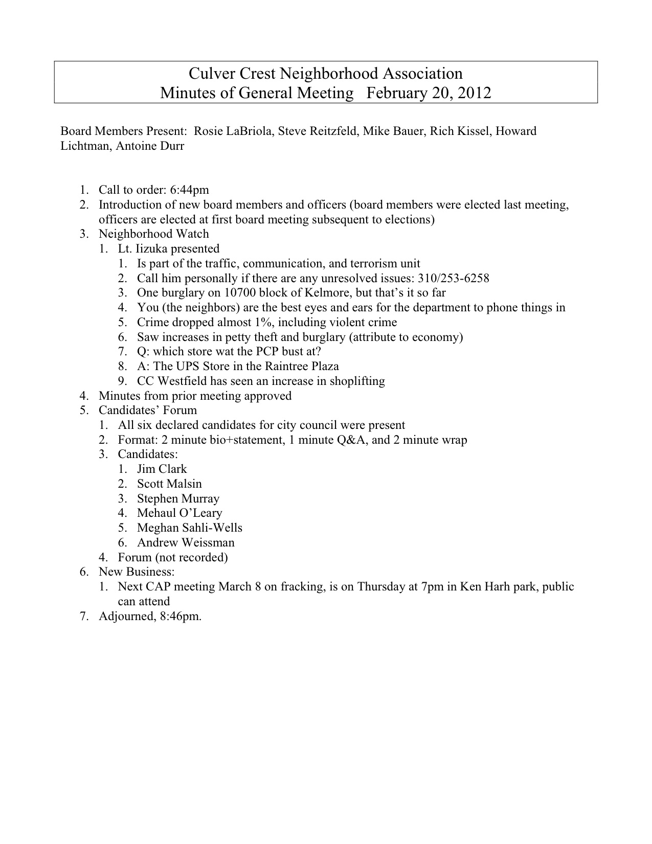 Minutes of the General Meeting February 21, 2012 Culver Crest